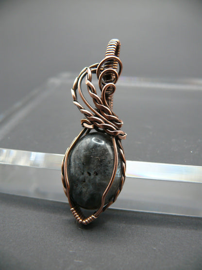 Copper wire-wrapped shimmery larvikite pendant