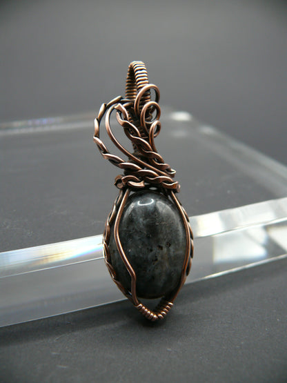 Copper wire-wrapped shimmery larvikite pendant