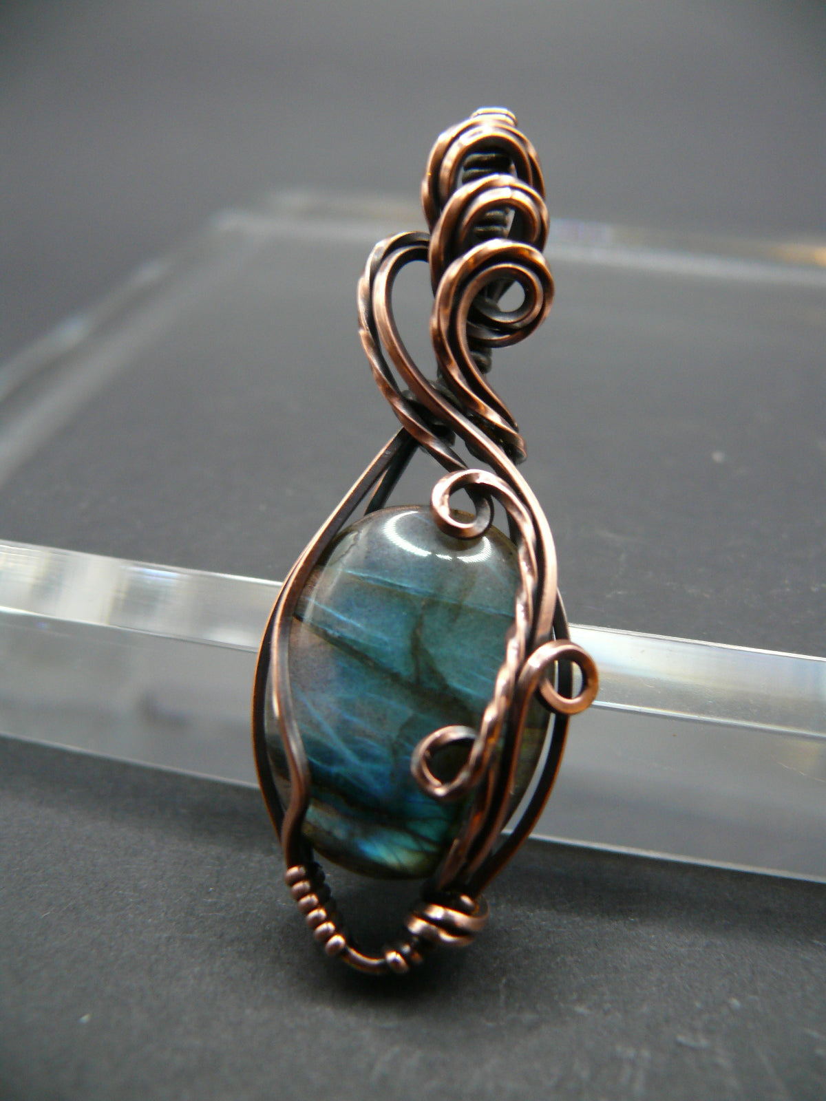 Mini labradorite pendant wrapped in antiqued copper