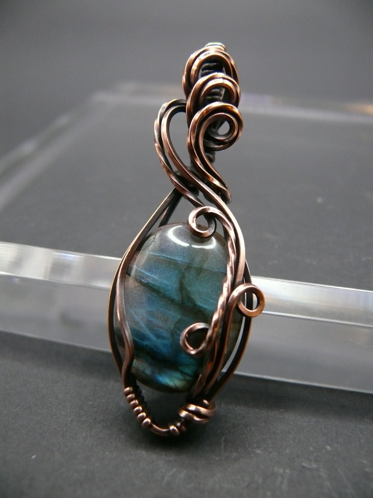 Mini labradorite pendant wrapped in antiqued copper