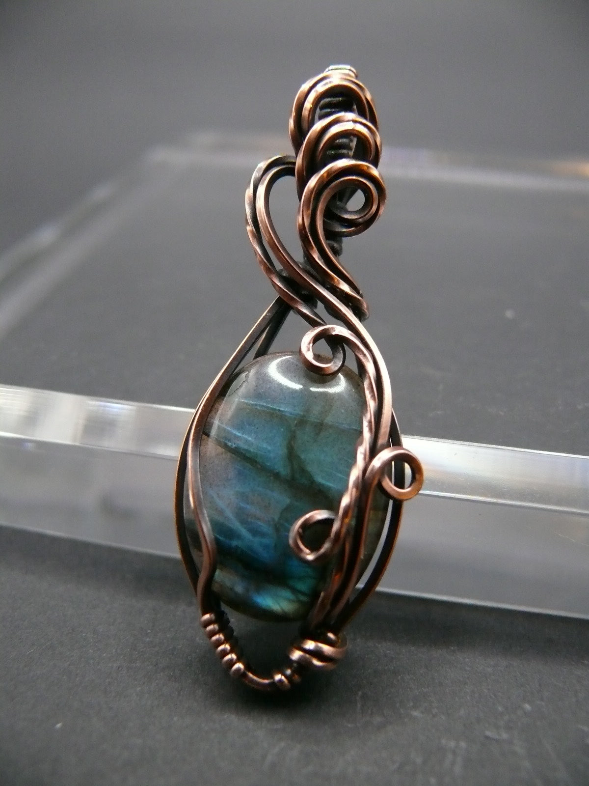 Mini labradorite pendant wrapped in antiqued copper