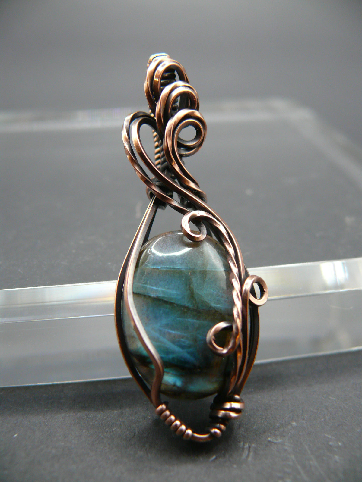 Mini labradorite pendant wrapped in antiqued copper