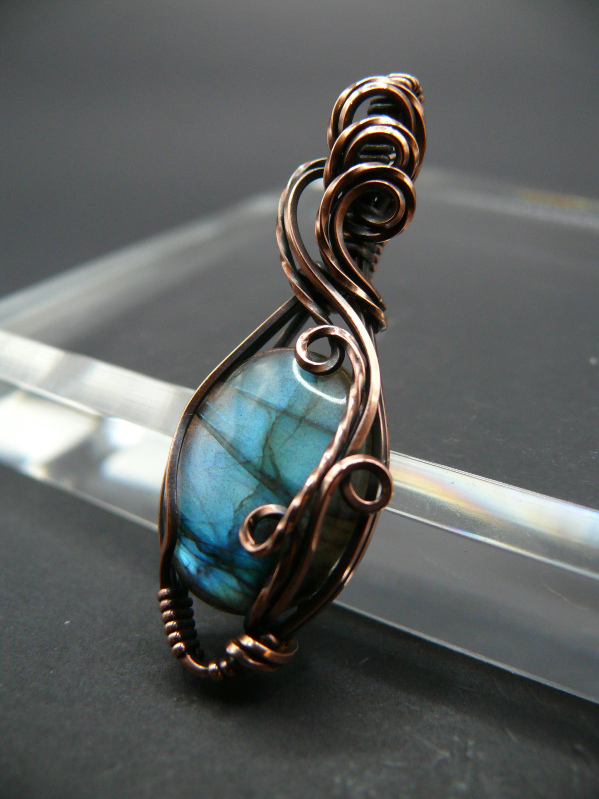 Mini labradorite pendant wrapped in antiqued copper