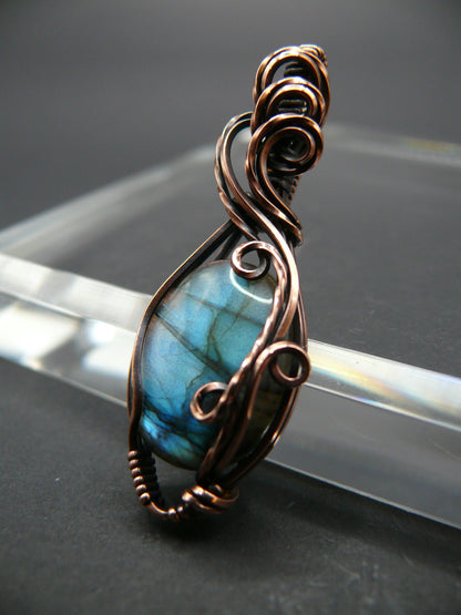 Mini labradorite pendant wrapped in antiqued copper