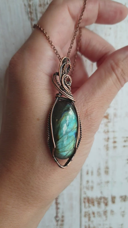 Antiqued copper wire-wrapped Labradorite pendant