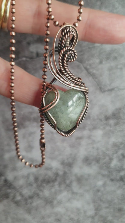 Heart shaped moonstone pendant wire wrapped in copper