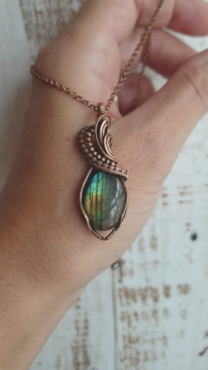 Mini labradorite pendant wrapped in antiqued copper