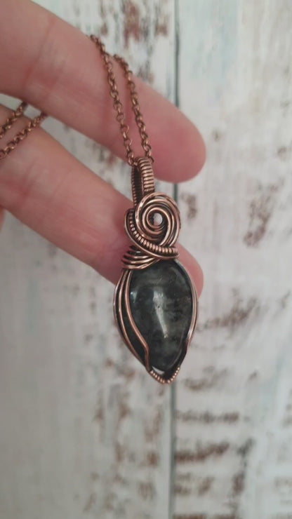 Copper wire wrapped larvikite pendant