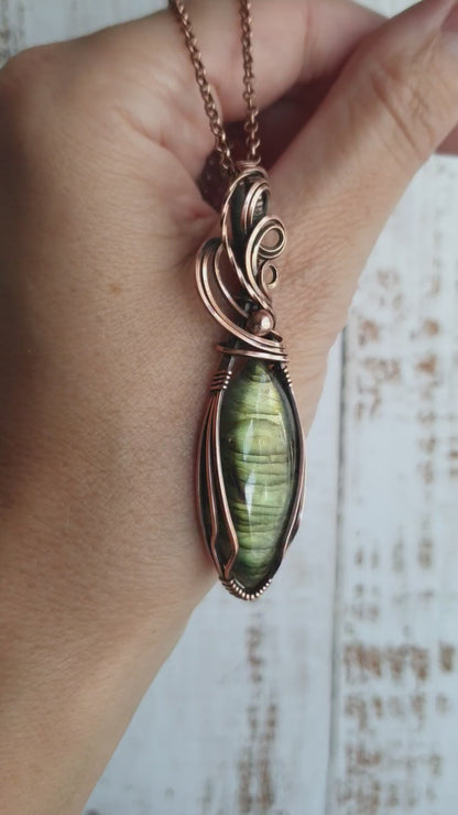 Magical yellow glow labradorite pendant in antiqued copper