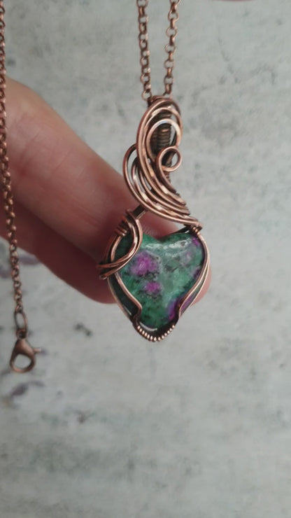 Heart shaped ruby zoisite wire wrapped pendant