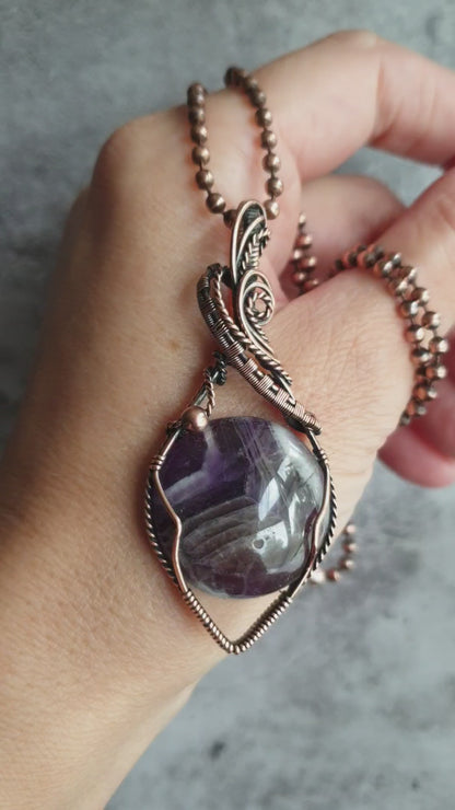 Copper wire wrapped amethyst statement pendant