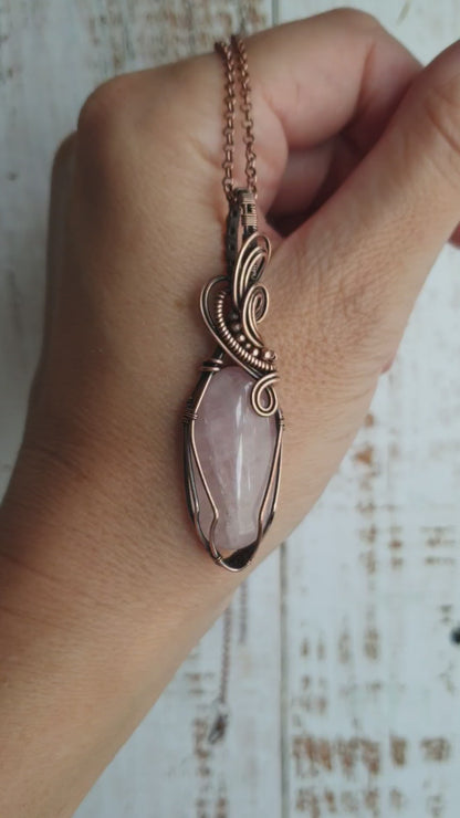 Pink rose quartz pendant wire wrapped in copper