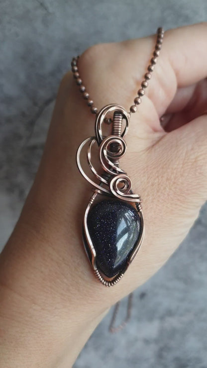 Copper wire wrapped blue sandstone pendant