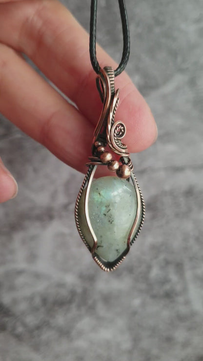 Wire wrapped rainbow moonstone pendant