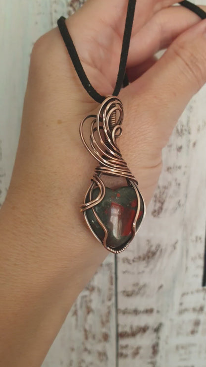 Heart shaped wire wrapped bloodstone pendant