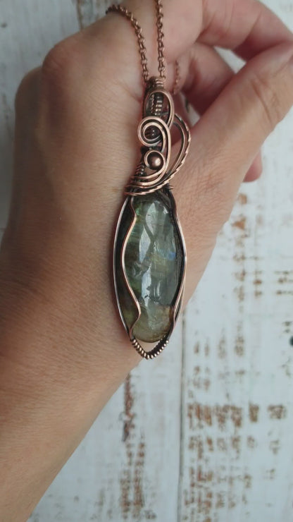 Labradorite statement pendant wrapped in antiqued copper