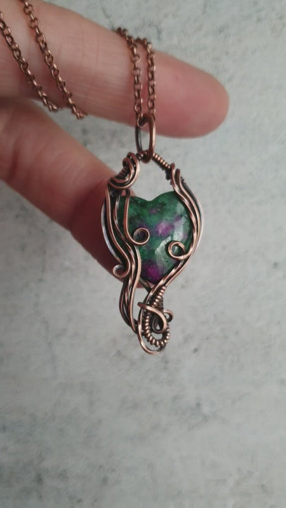 Heart shaped ruby zoisite wire wrapped pendant