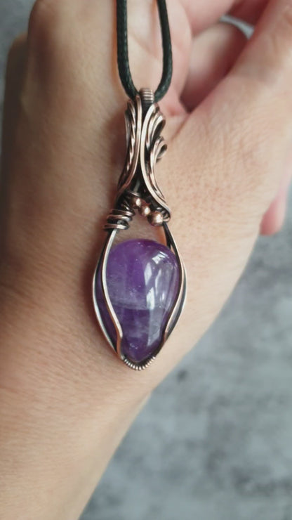 Copper wire wrapped amethyst pendant