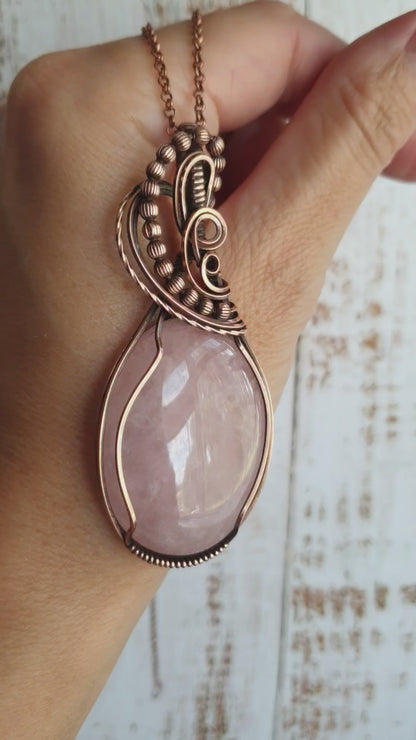 Copper wire wrapped pink rose quartz statement pendant