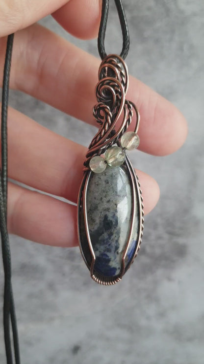 Wire wrapped sodalite and prehnite pendant