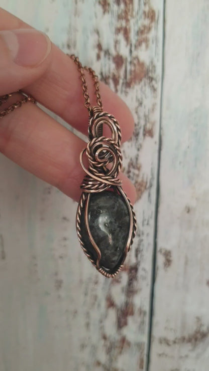 Copper wire wrapped shimmery larvikite pendant