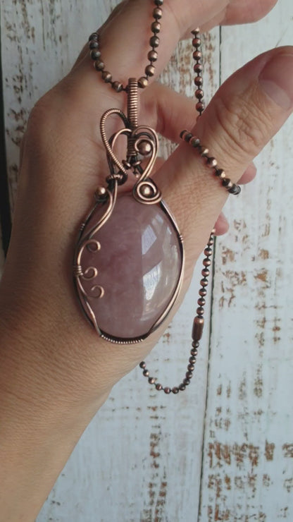 Handmade wire wrapped rose quartz gemstone statement pendant