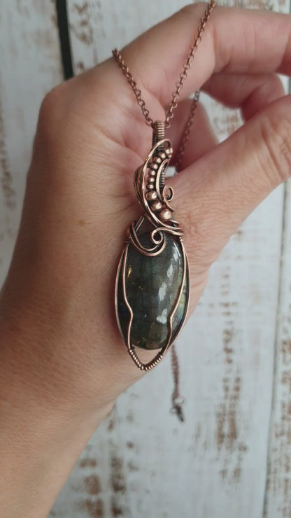 Antiqued copper wire wrapped Labradorite gemstone talisman