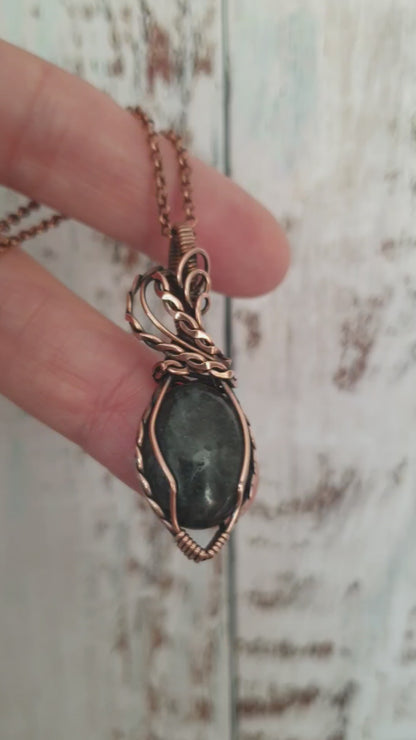 Copper wire-wrapped shimmery larvikite pendant