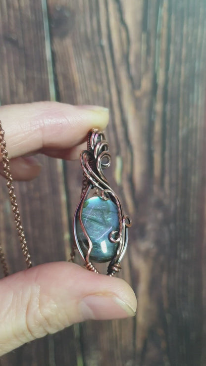 Mini labradorite pendant wrapped in antiqued copper