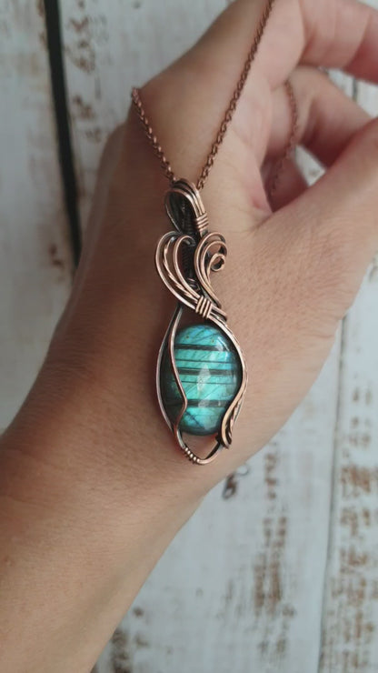 Rustic wire wrapped blue labradorite pendant