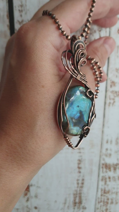 Artisan crafted Labradorite pendant wrapper in copper wire