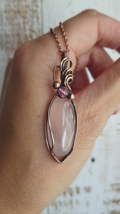 Copper wire wrapped rose quartz and ametrine pendant