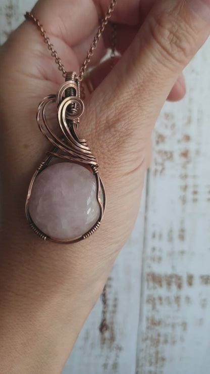 Copper wire wrapped pink rose quartz pendant