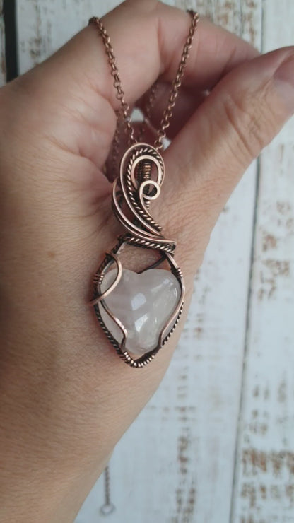 Copper wire-wrapped heart shaped pink rose quartz pendant