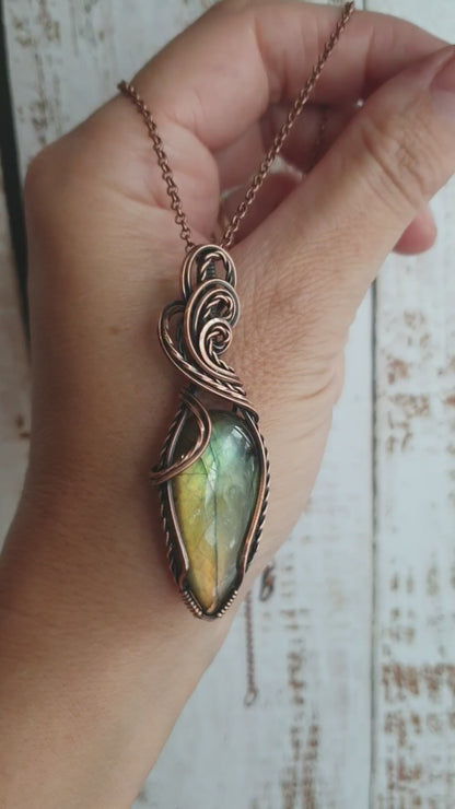 Wire wrapped labradorite pendant in vintage copper