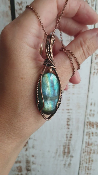 Handcrafted labradorite pendant necklace in antiqued copper