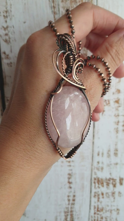 Copper wire wrapped rose quartz statement pendant