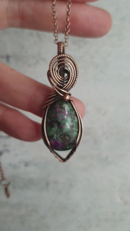 Ruby zoisite wire wrapped pendant