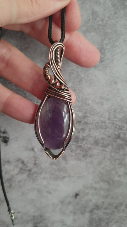 Copper wire wrapped amethyst statement pendant