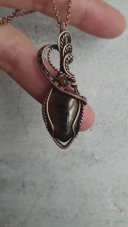 Wire wrapped rustic tiger eye gemstone necklace