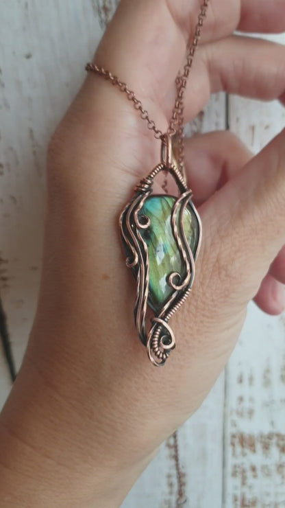 Rustic copper wire wrapped labradorite pendant necklace