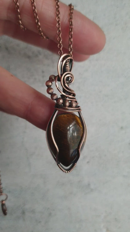 Wire wrapped Tiger eye gemstone pendant