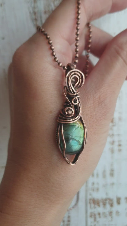 Copper wire wrapped labradorite pendant