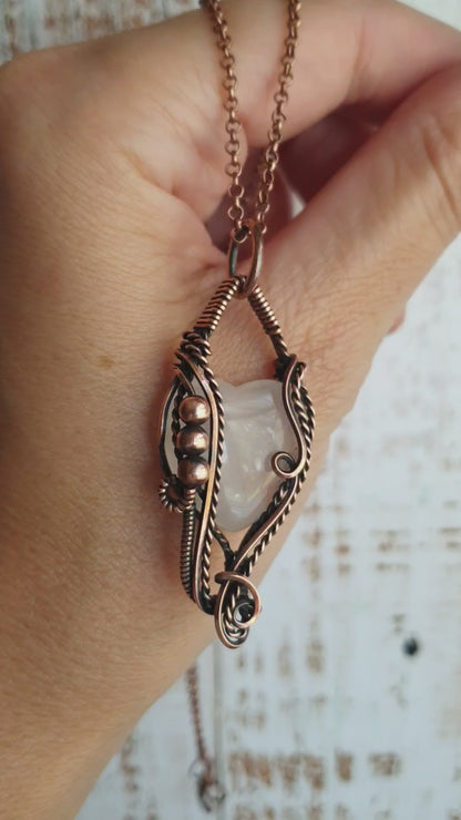 Copper wire-wrapped heart shaped pink rose quartz pendant