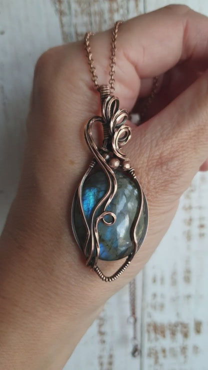 Boho style copper wire wrapped labradorite pendant